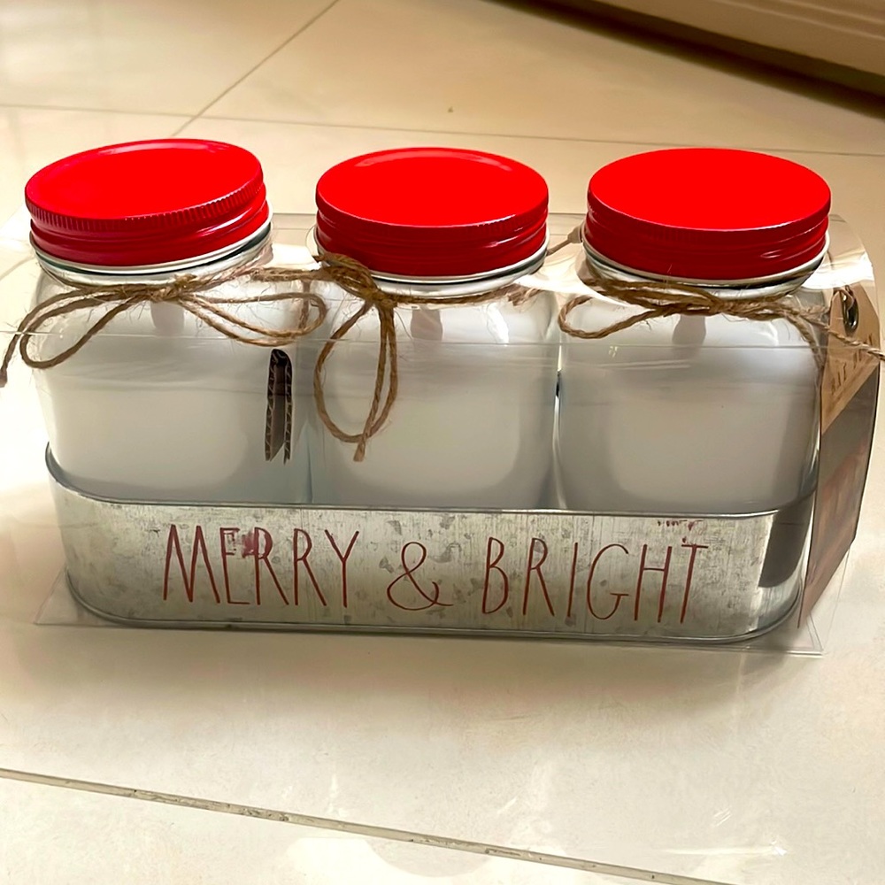 Rae Dunn 3 Pack Mason Jar Flameless Candle Set Merry & Bright NWT